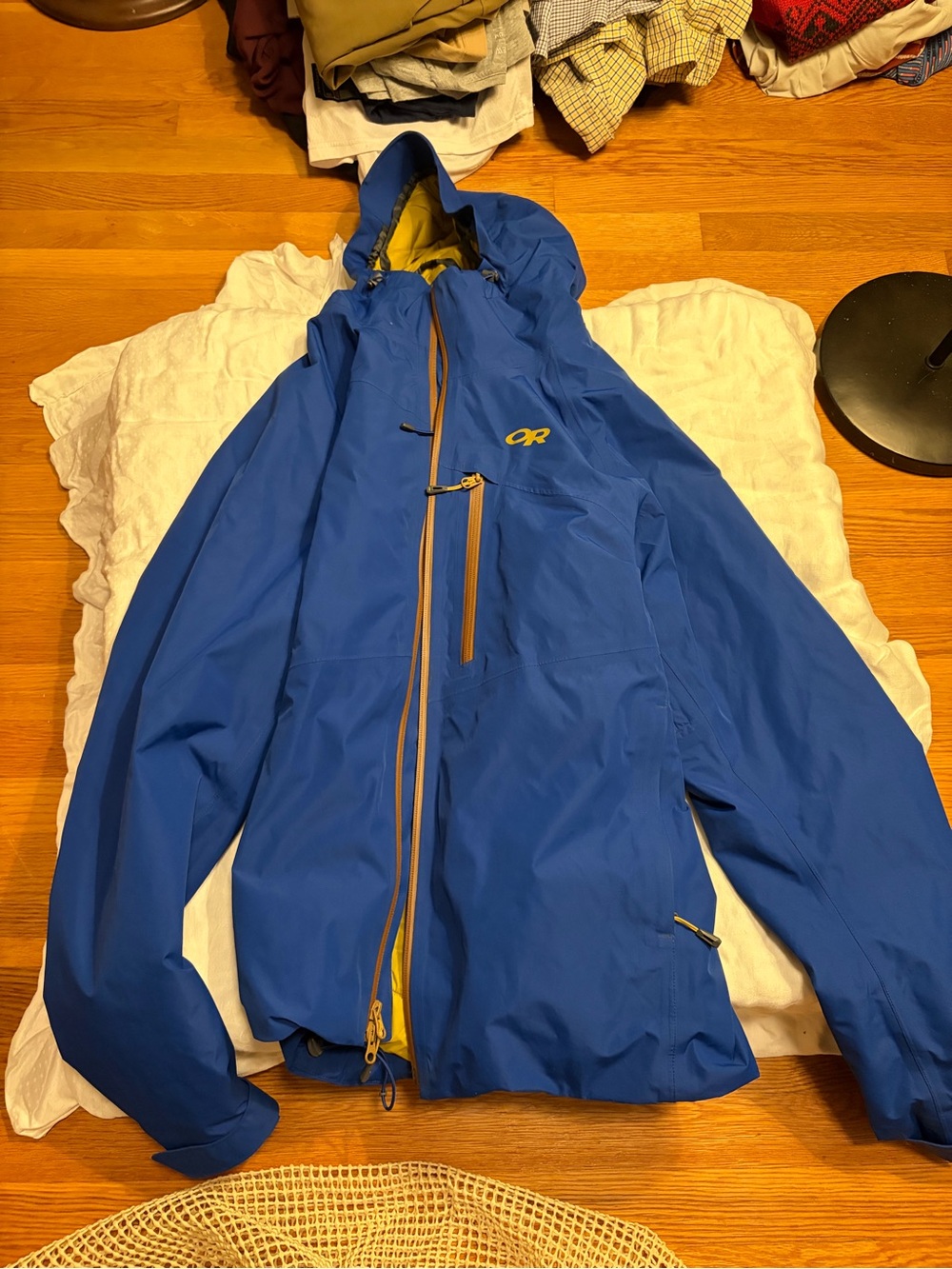Outdoor Research Blue Hooded Waterproof Raincoat with Yellow Accents